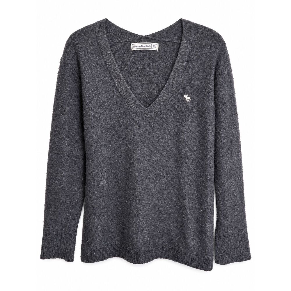 Abercrombie & Fitch Womens Medium Charcoal Gray V Neck Knit Sweater Moose Logo
